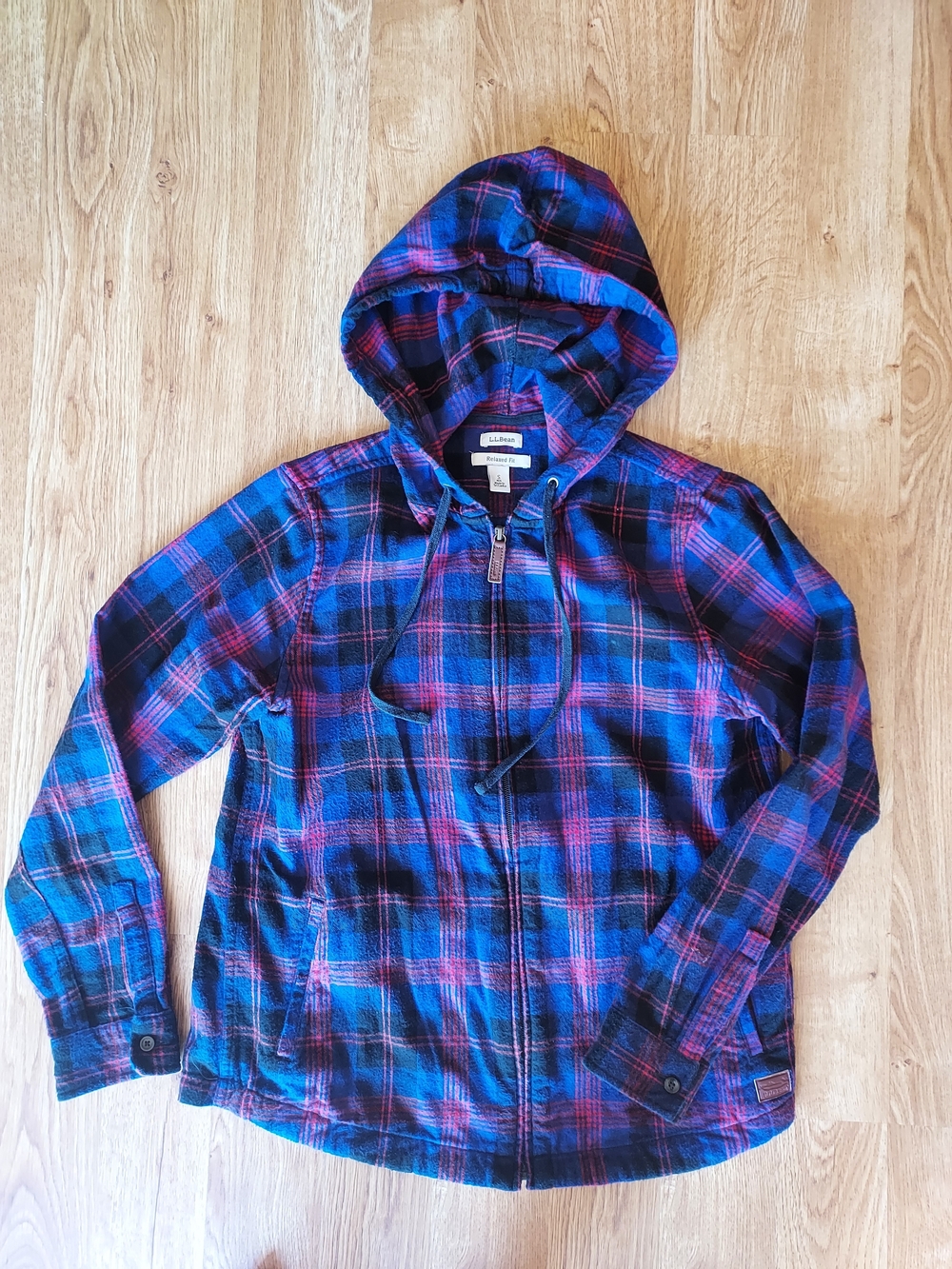 L.L. Bean Blue and Pink Plaid Hooded Zip Jacket